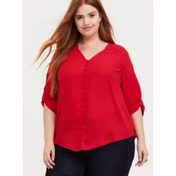 Torrid Size 3 Vibrant Red V-Neck Button Front Chiffon Blouse - Flowy 3/4 Sleeve - Picture 1 of 9